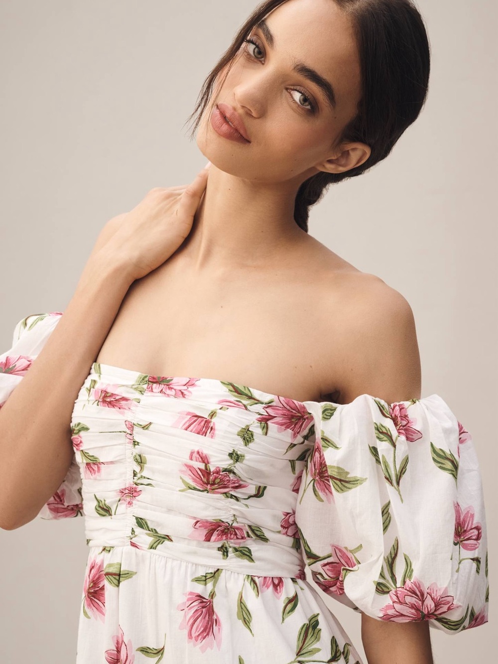 Anthropologie Off-Shoulder White Floral Dress with Pink Blooms - NWT - Picture 3 of 13